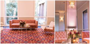 Sleeping Beauty Ballroom Seating Area with Pink Sofa and chair at Disneyland Hotel