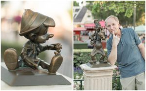 Pinocchio Bronze Statue and Goofy Bronze Statue with man posing beside goofy