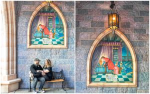 Sleeping Beauty Mural in Disneyland at Engagement Photos with Man and Woman
