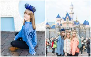 DIsneyland Castle in the background of three young ladies posing with Mickey Mouse ears on for Disney Senior Pictures.